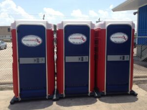 blue and red porta potty