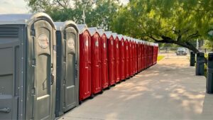 green and red porta potty