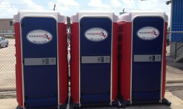 blue and red porta potty