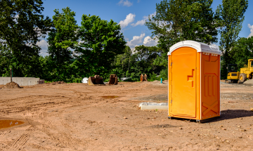 Royalty-free stock photo ID: 1774819424 Porta Potty on an active construction site with earth moving equipment in the background