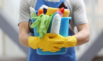 Cleaning supplies to clean a portable restroom renal